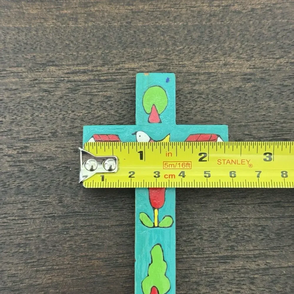Cross El Salvador Vtg Handmade Turquoise Bird Floral Folk Art Artisan Religious